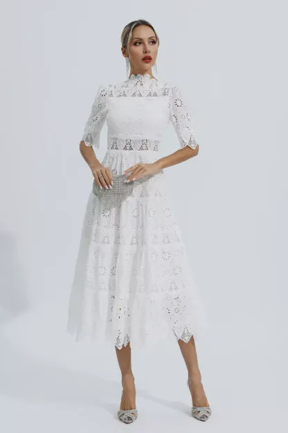 Epiphyllum White Hollow Half Sleeve Midi Dress