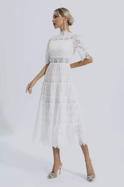 Epiphyllum White Hollow Half Sleeve Midi Dress