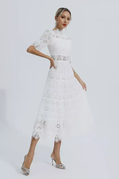 Epiphyllum White Hollow Half Sleeve Midi Dress
