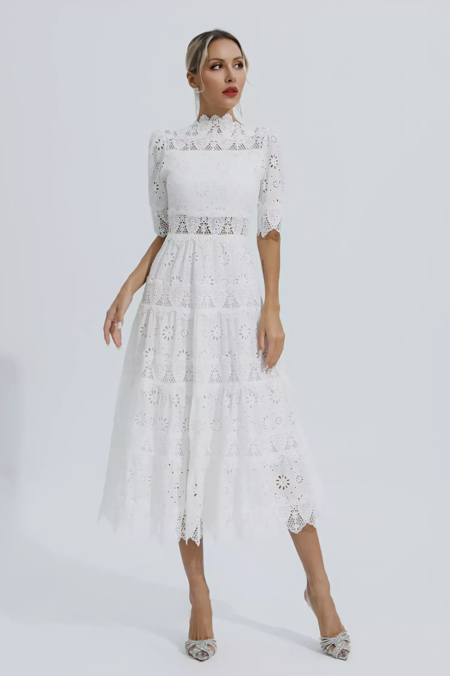 Epiphyllum White Hollow Half Sleeve Midi Dress