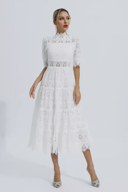 Epiphyllum White Hollow Half Sleeve Midi Dress