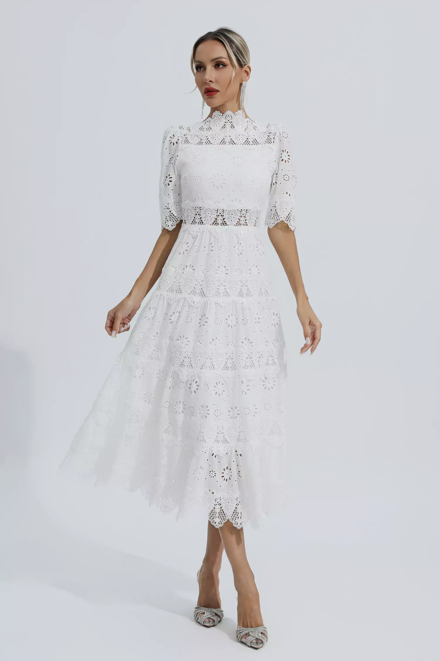 Epiphyllum White Hollow Half Sleeve Midi Dress