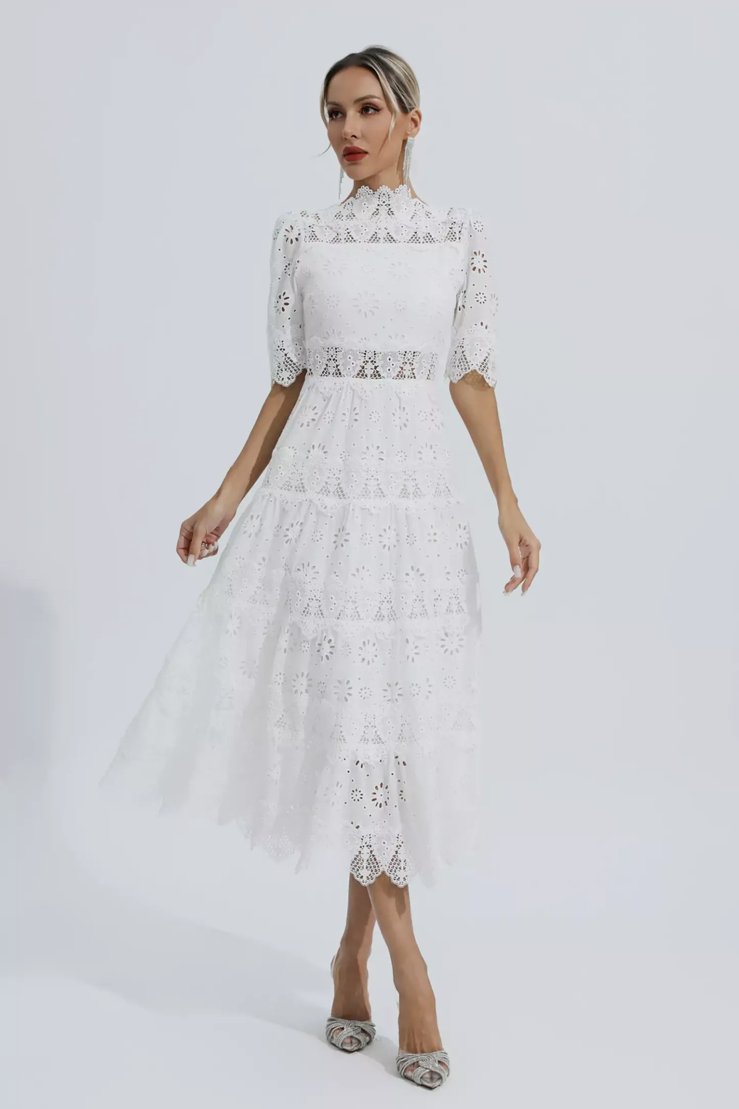 Epiphyllum White Hollow Half Sleeve Midi Dress