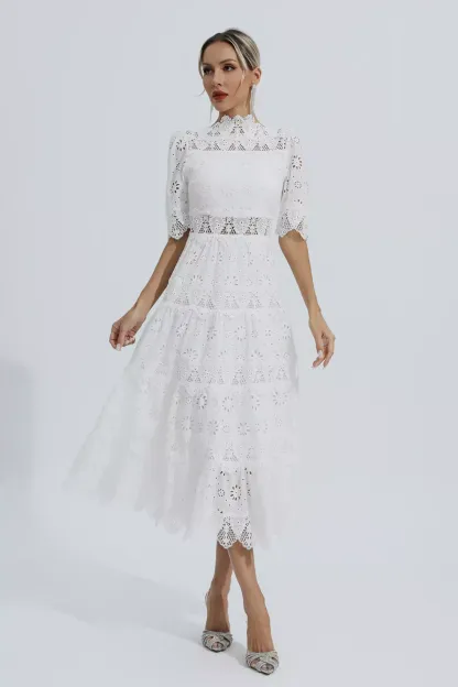 Epiphyllum White Hollow Half Sleeve Midi Dress