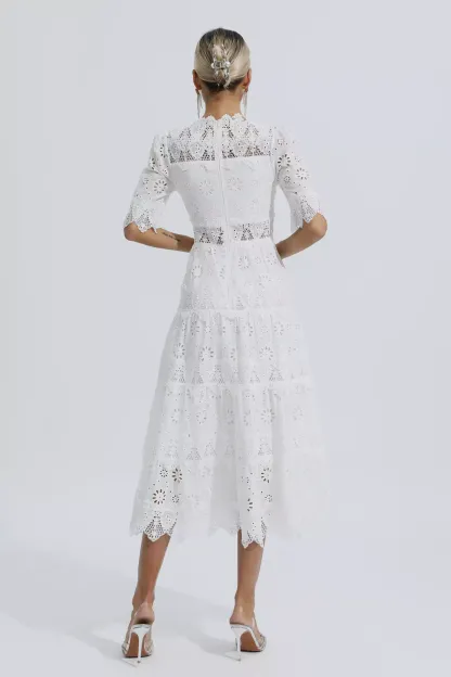 Epiphyllum White Hollow Half Sleeve Midi Dress