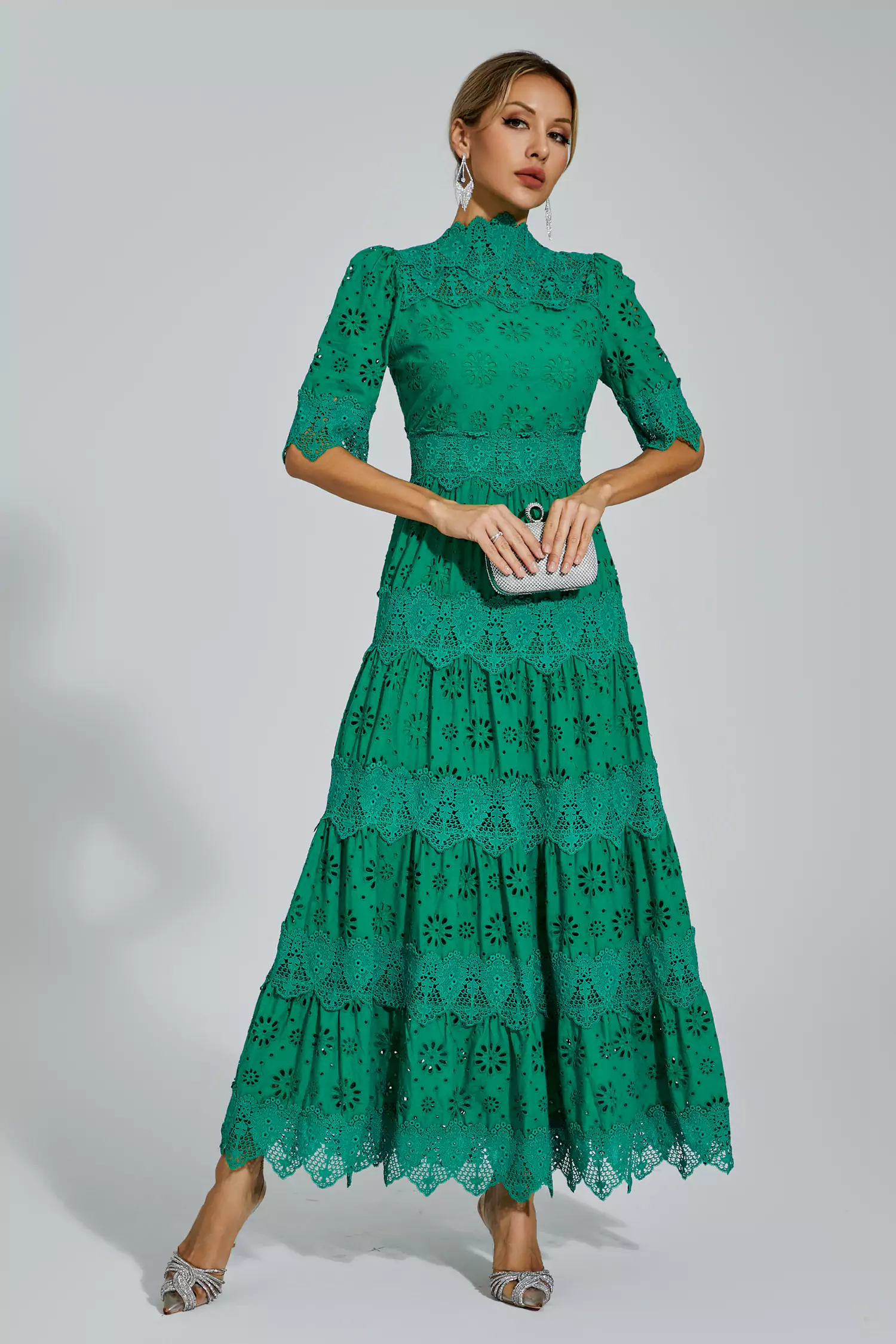 Epiphyllum Green Hollow Half Sleeve Midi Dress