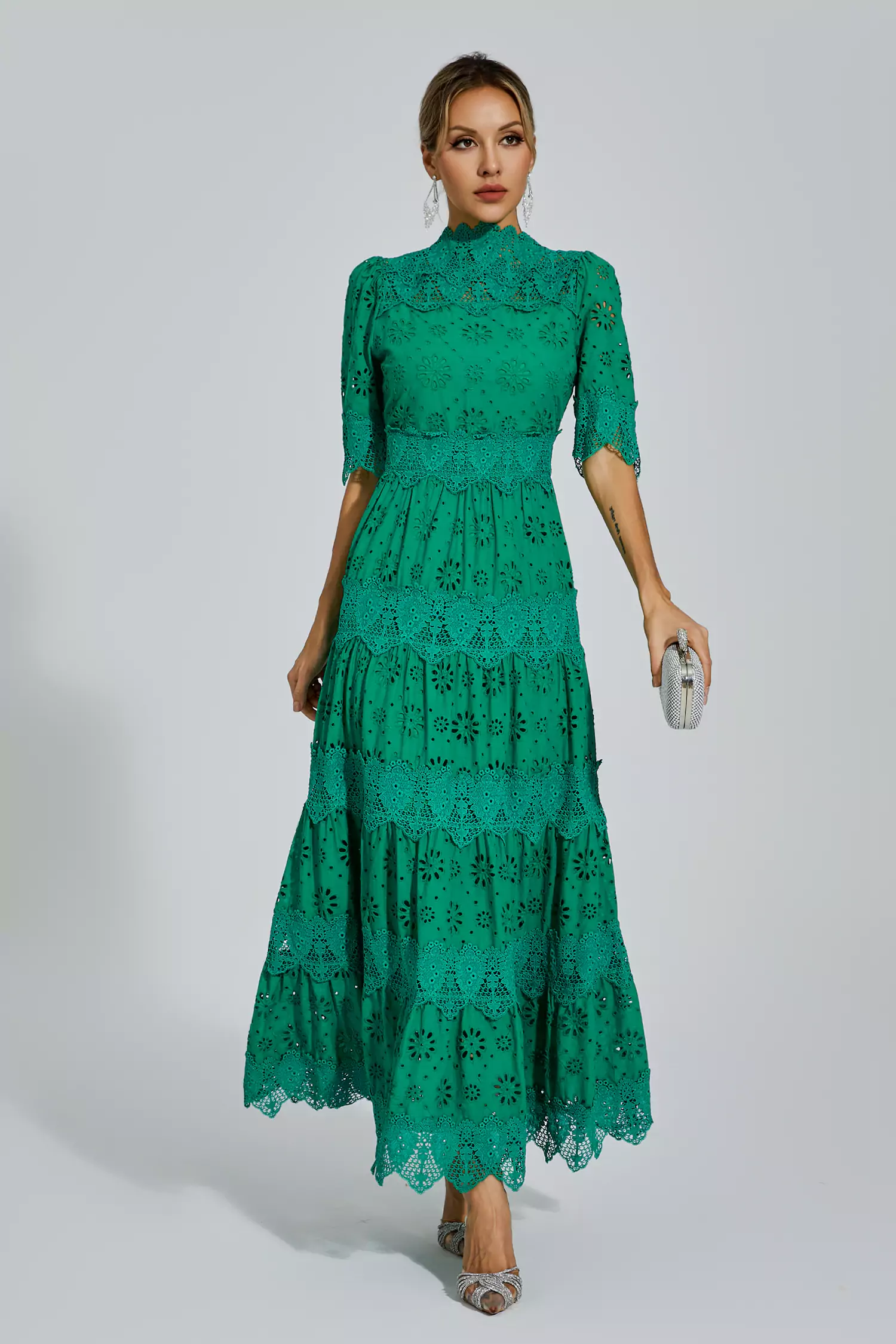 Epiphyllum Green Hollow Half Sleeve Midi Dress