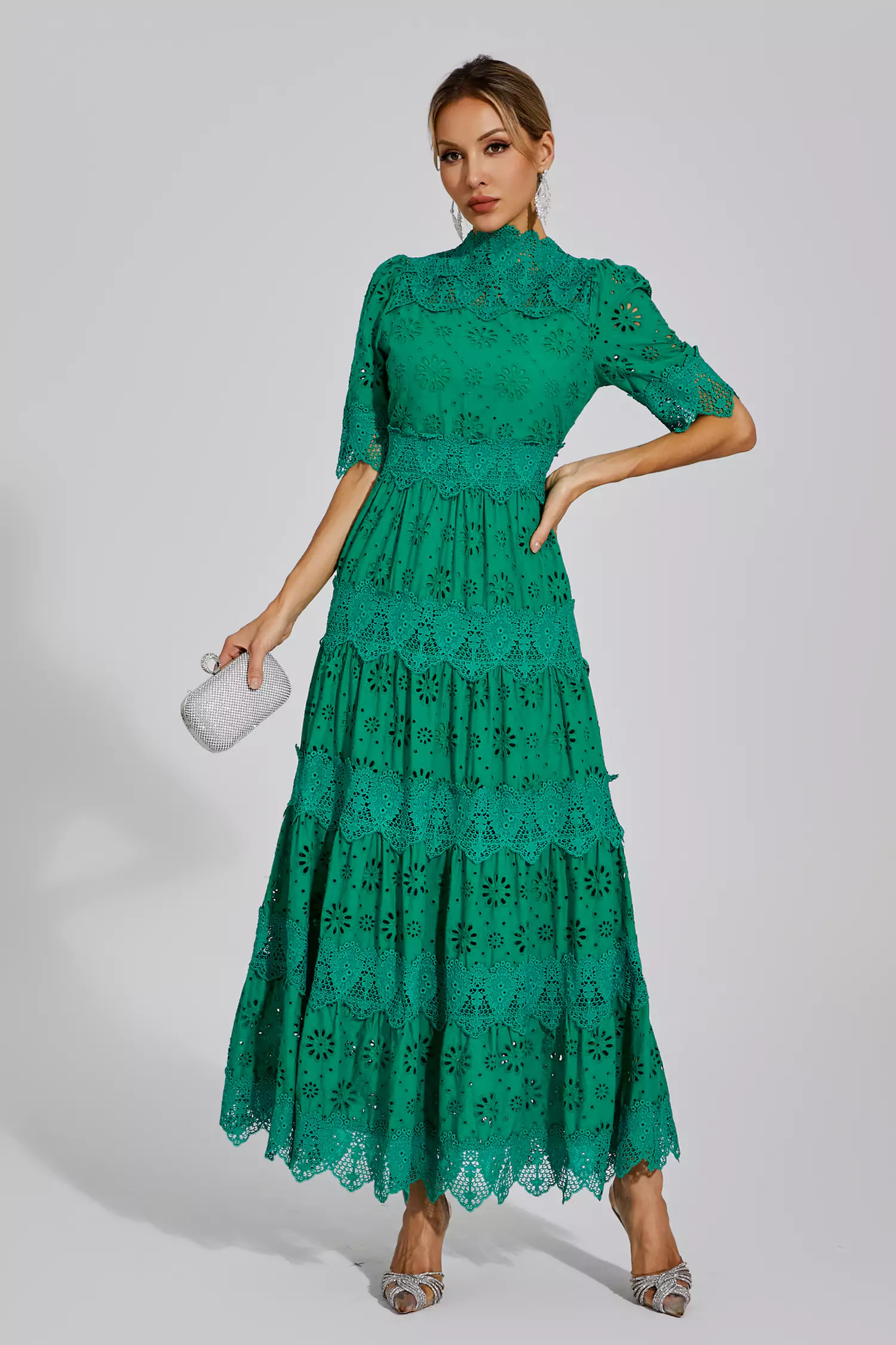 Epiphyllum Green Hollow Half Sleeve Midi Dress