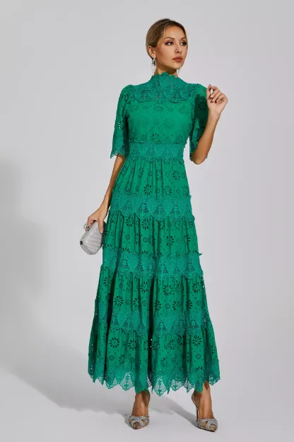Epiphyllum Green Hollow Half Sleeve Midi Dress