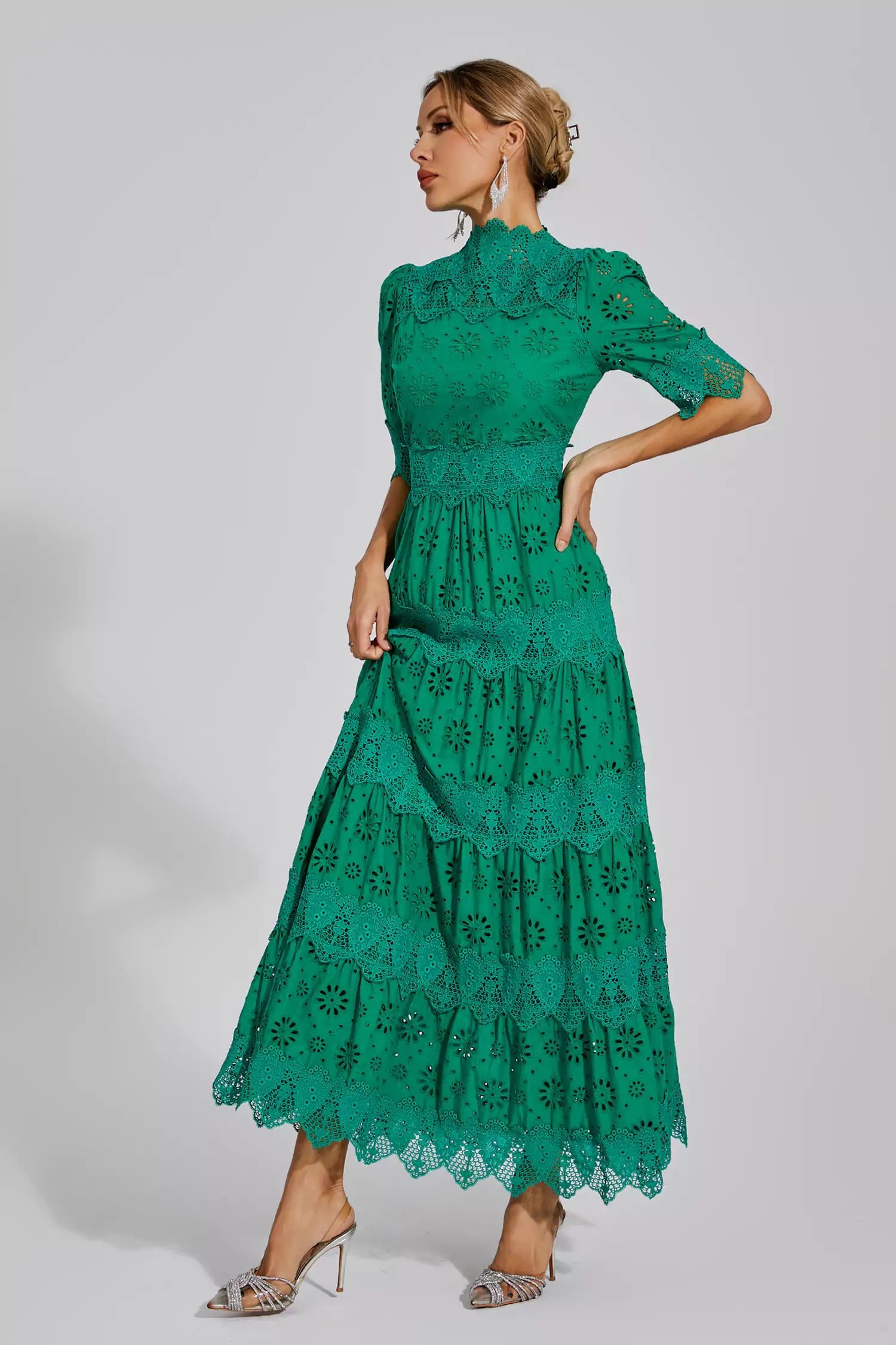 Epiphyllum Green Hollow Half Sleeve Midi Dress