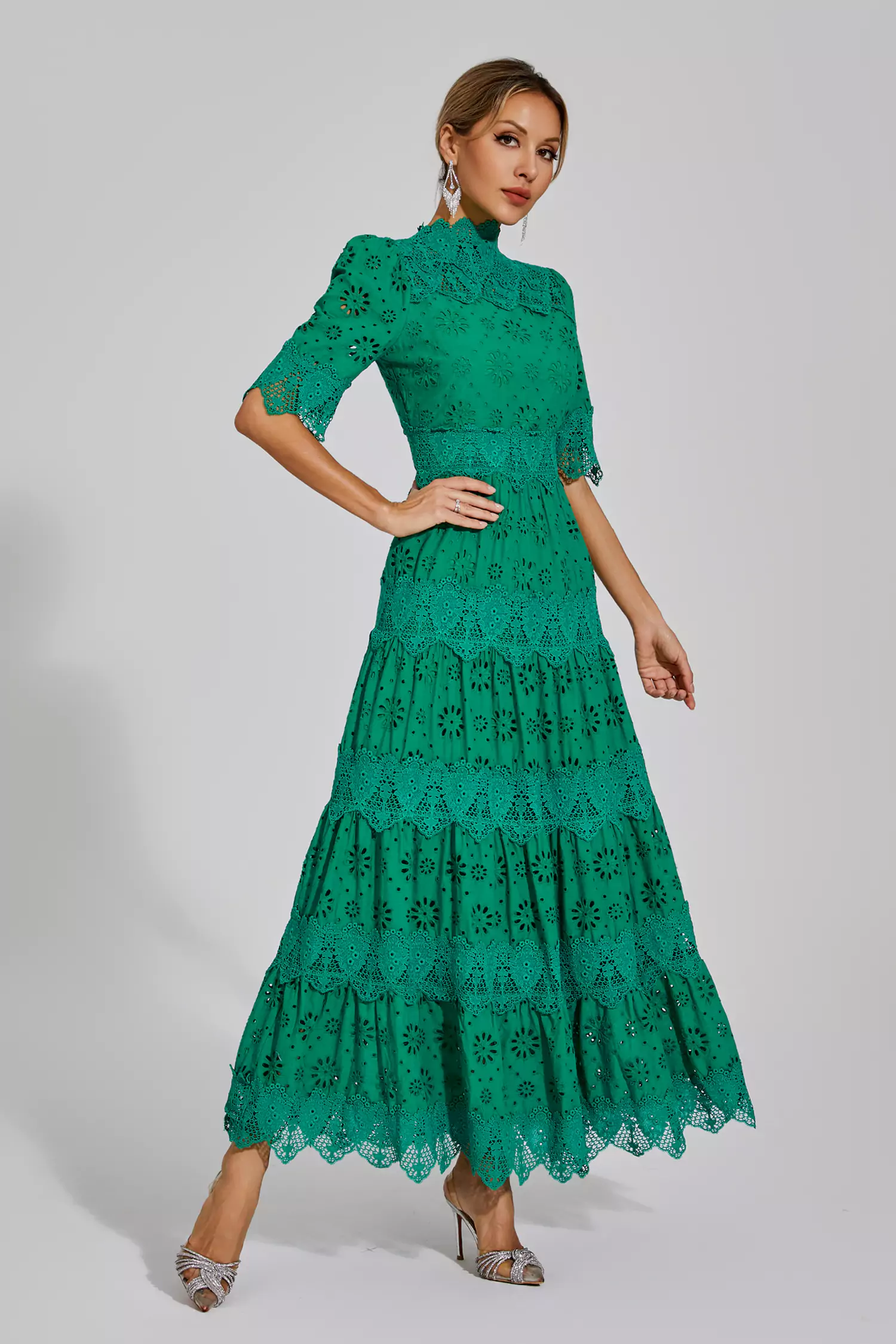Epiphyllum Green Hollow Half Sleeve Midi Dress