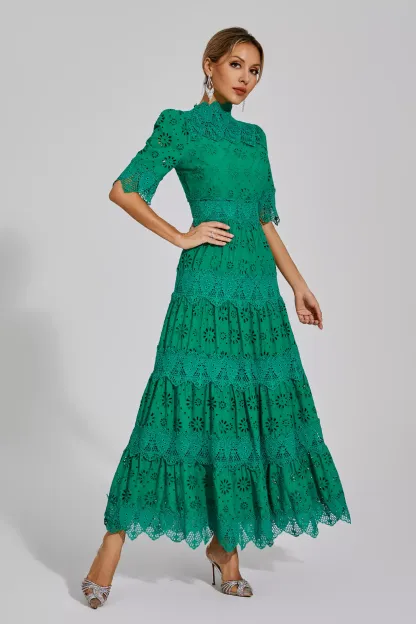Epiphyllum Green Hollow Half Sleeve Midi Dress