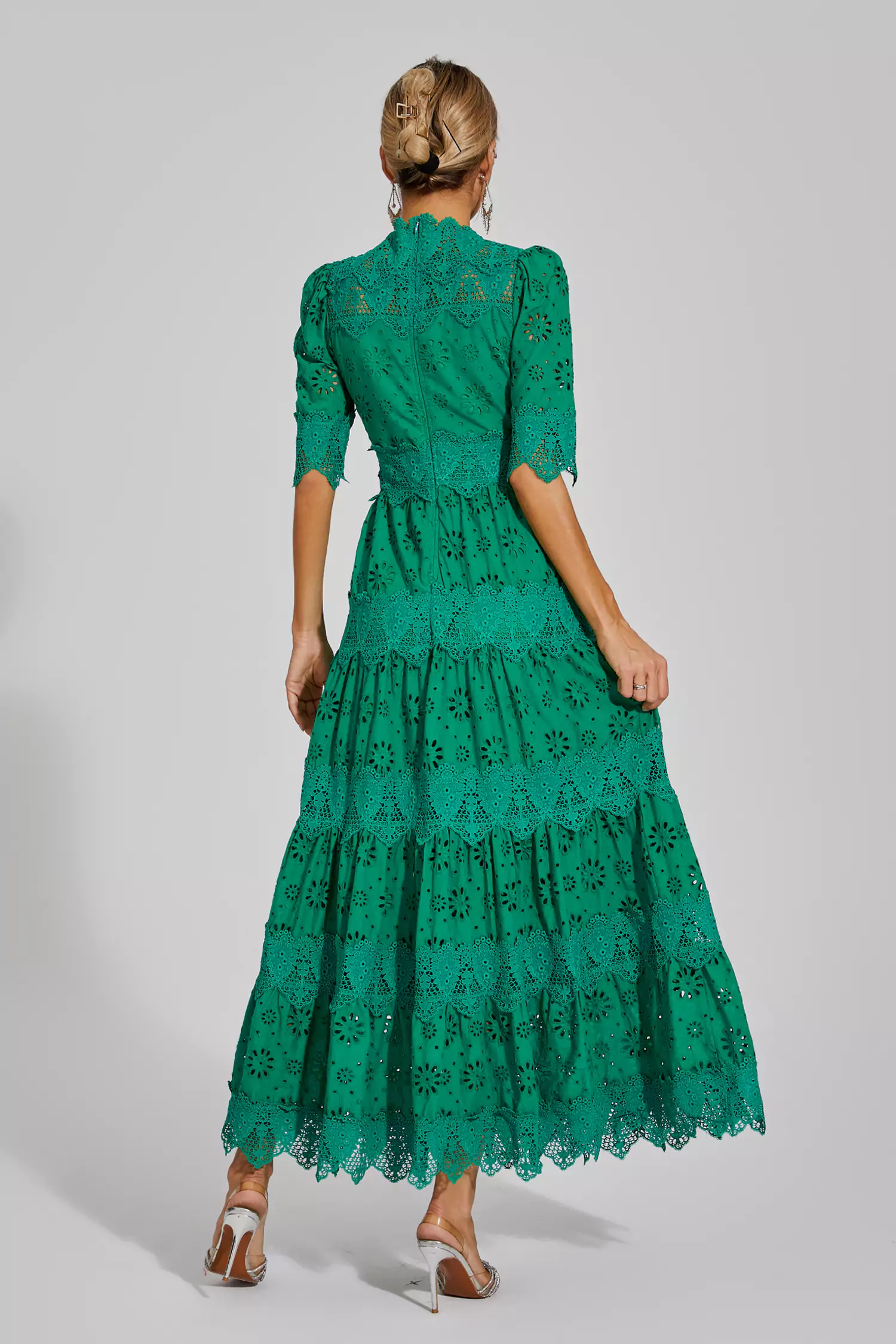 Epiphyllum Green Hollow Half Sleeve Midi Dress