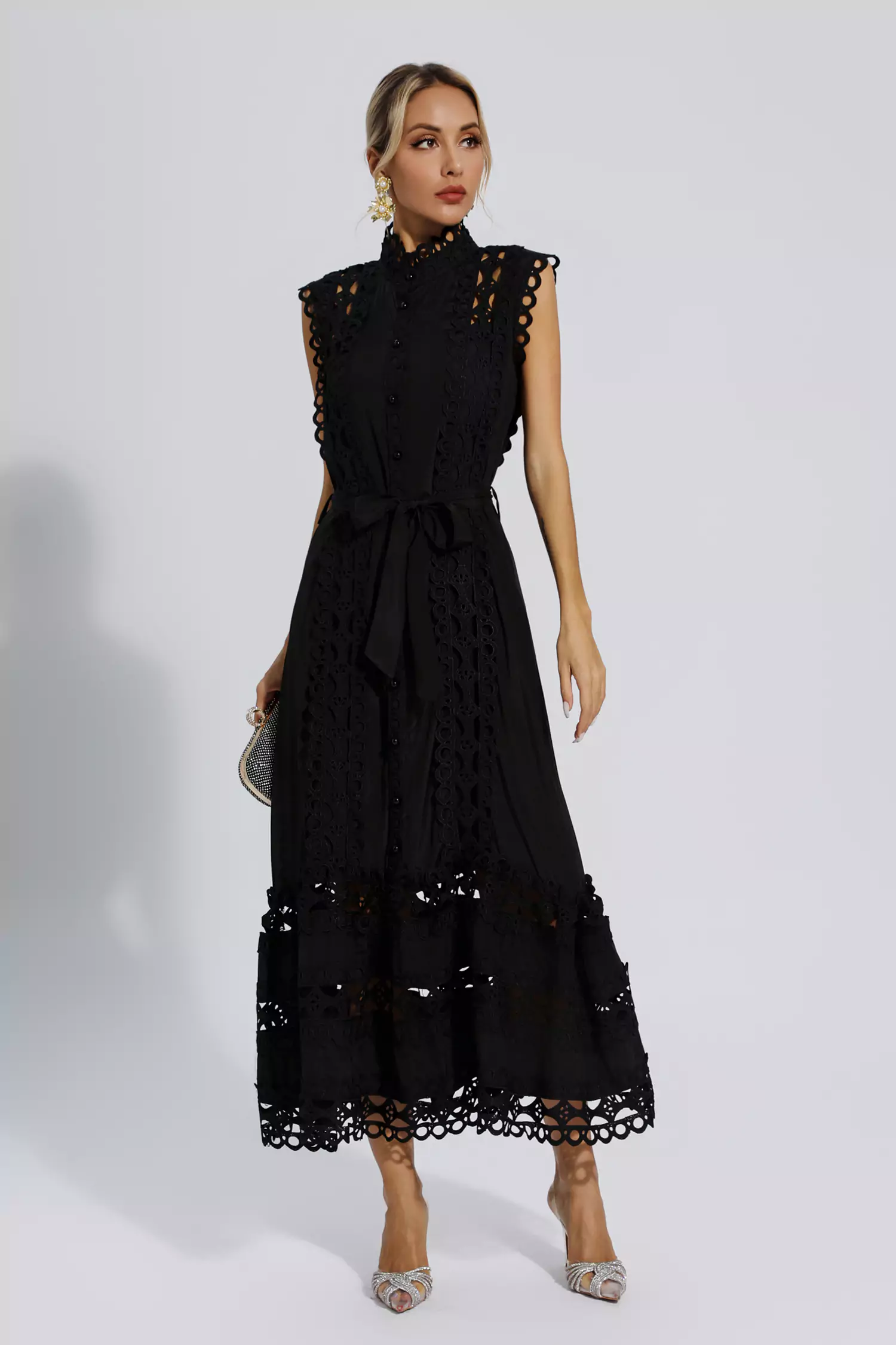 Sebastiane Black Sleeveless Hollow Maxi Dress