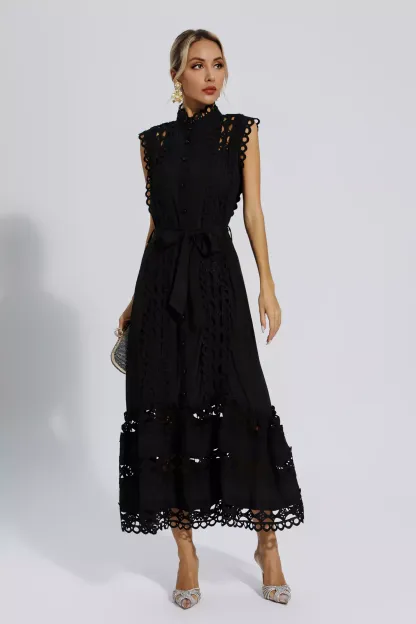 Sebastiane Black Sleeveless Hollow Maxi Dress