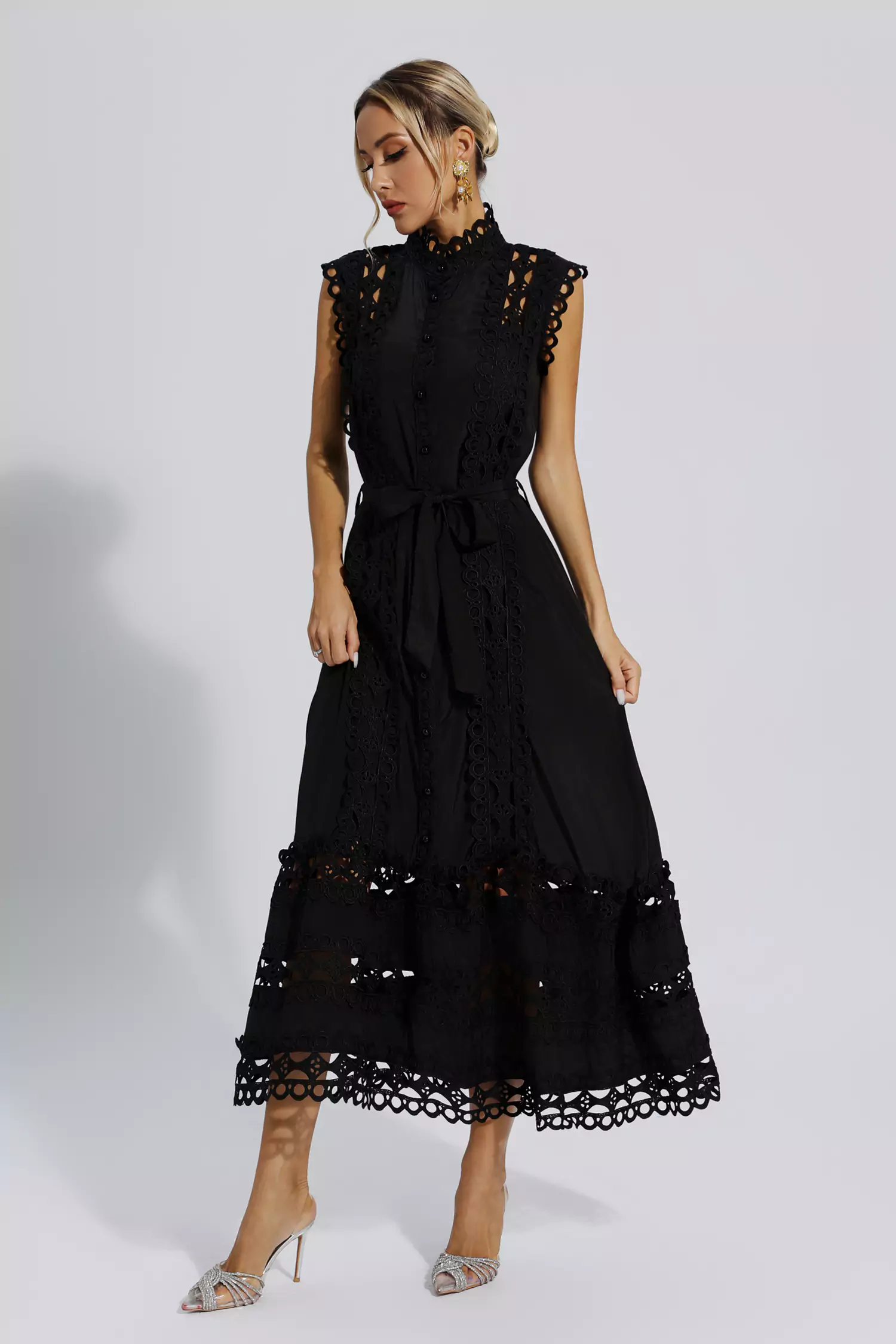Sebastiane Black Sleeveless Hollow Maxi Dress