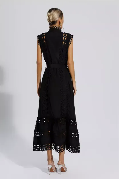 Sebastiane Black Sleeveless Hollow Maxi Dress