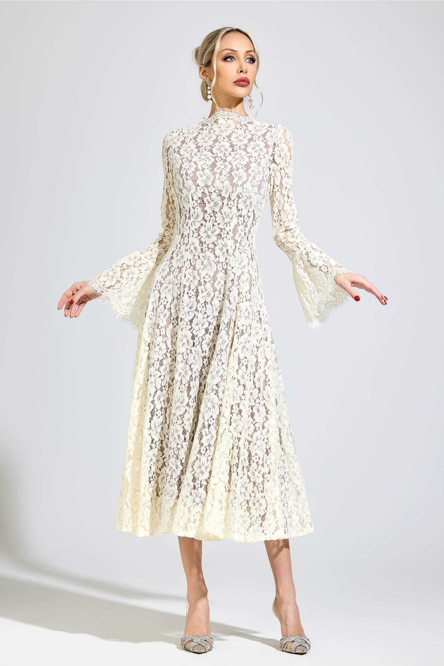 Newton White Bell Sleeve Formal Dress