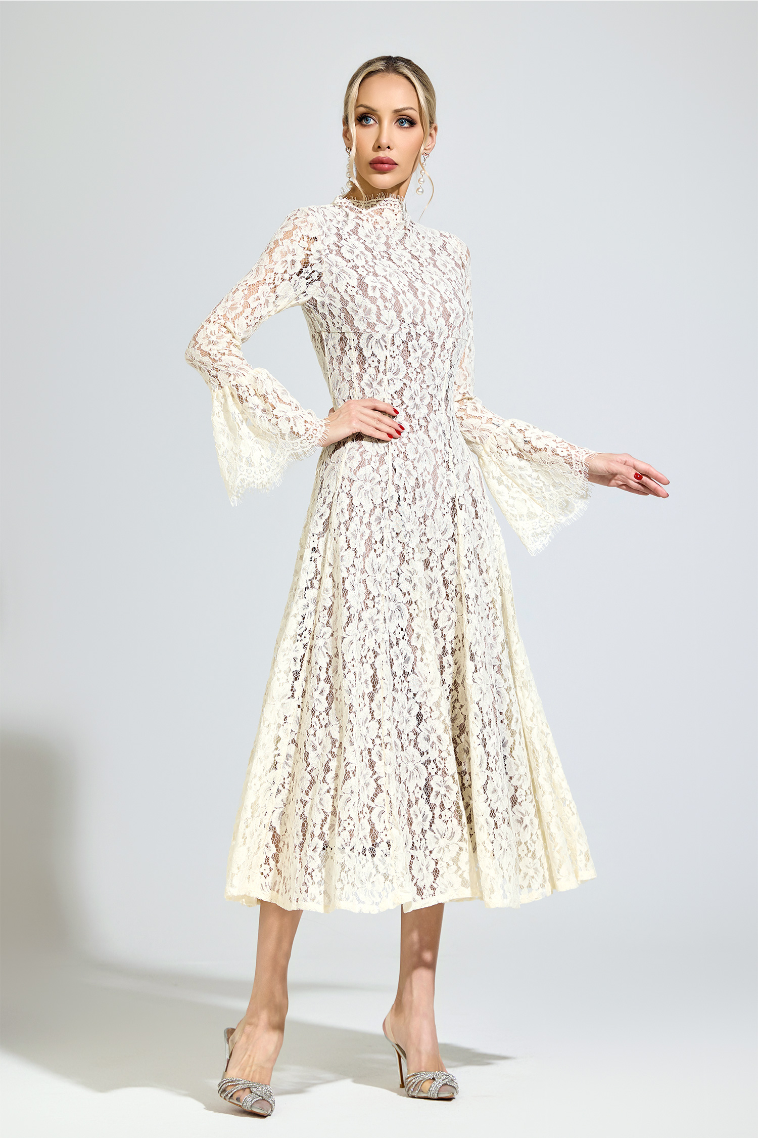 Newton White Bell Sleeve Formal Dress
