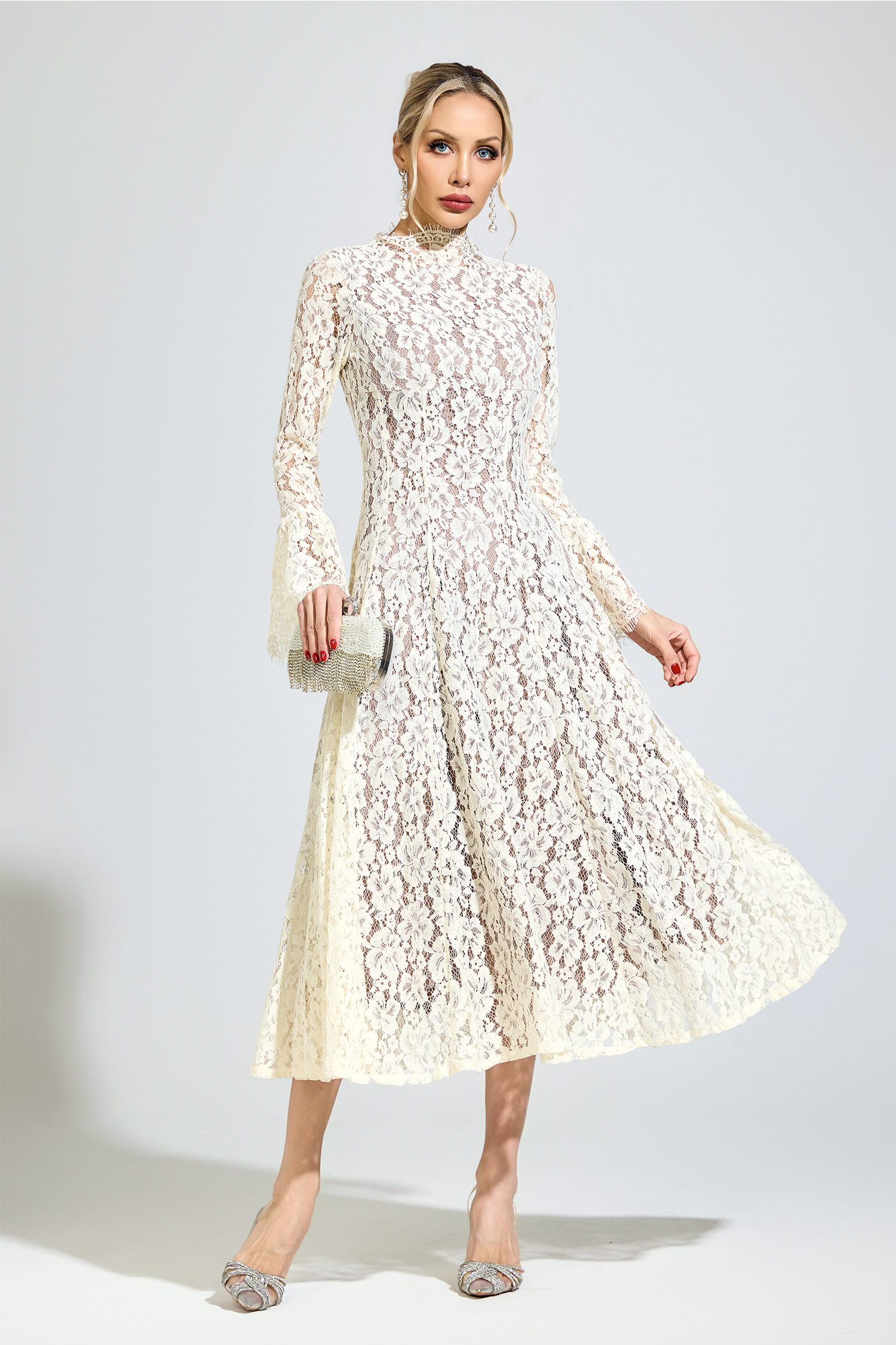 Newton White Bell Sleeve Formal Dress