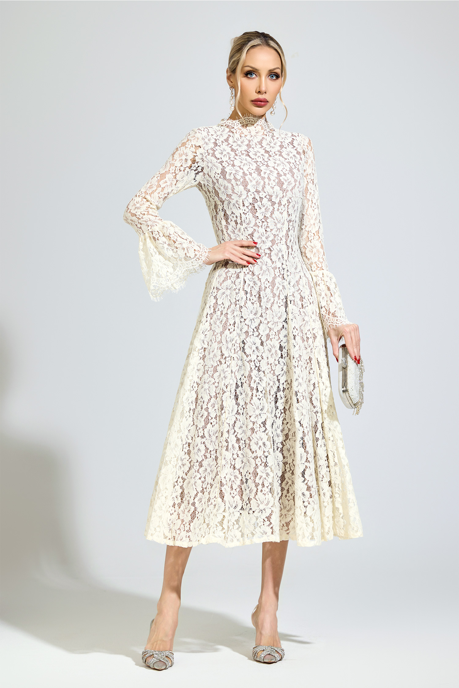 Newton White Bell Sleeve Formal Dress