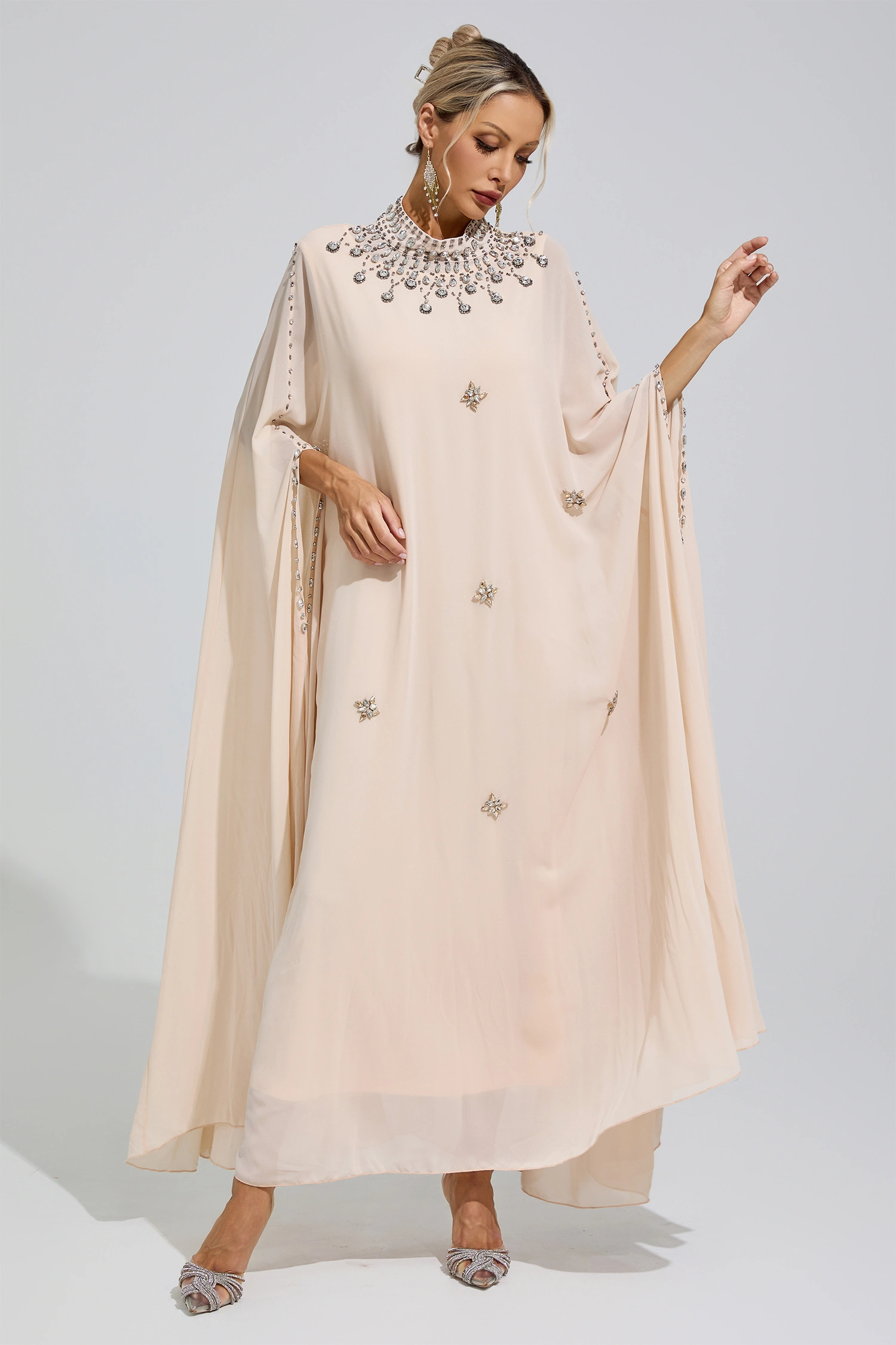 Sofia Apricot Rhinestone Hooded Maxi Dress