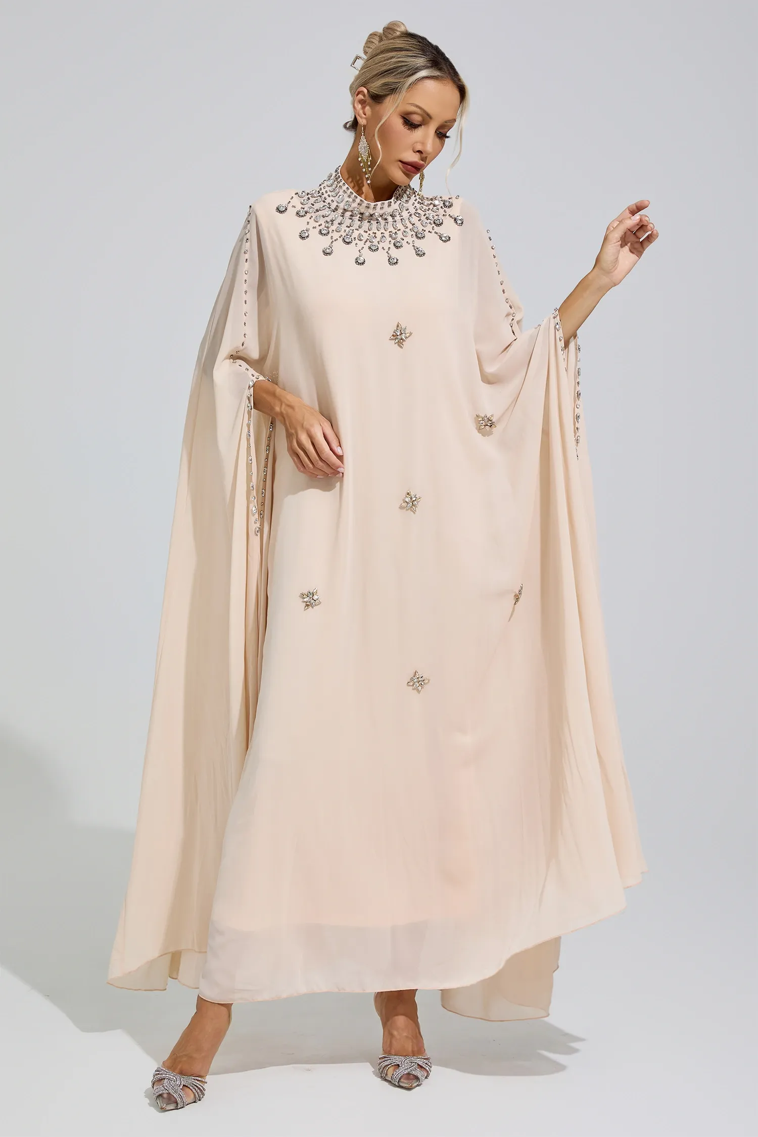 Sofia Apricot Rhinestone Hooded Maxi Dress
