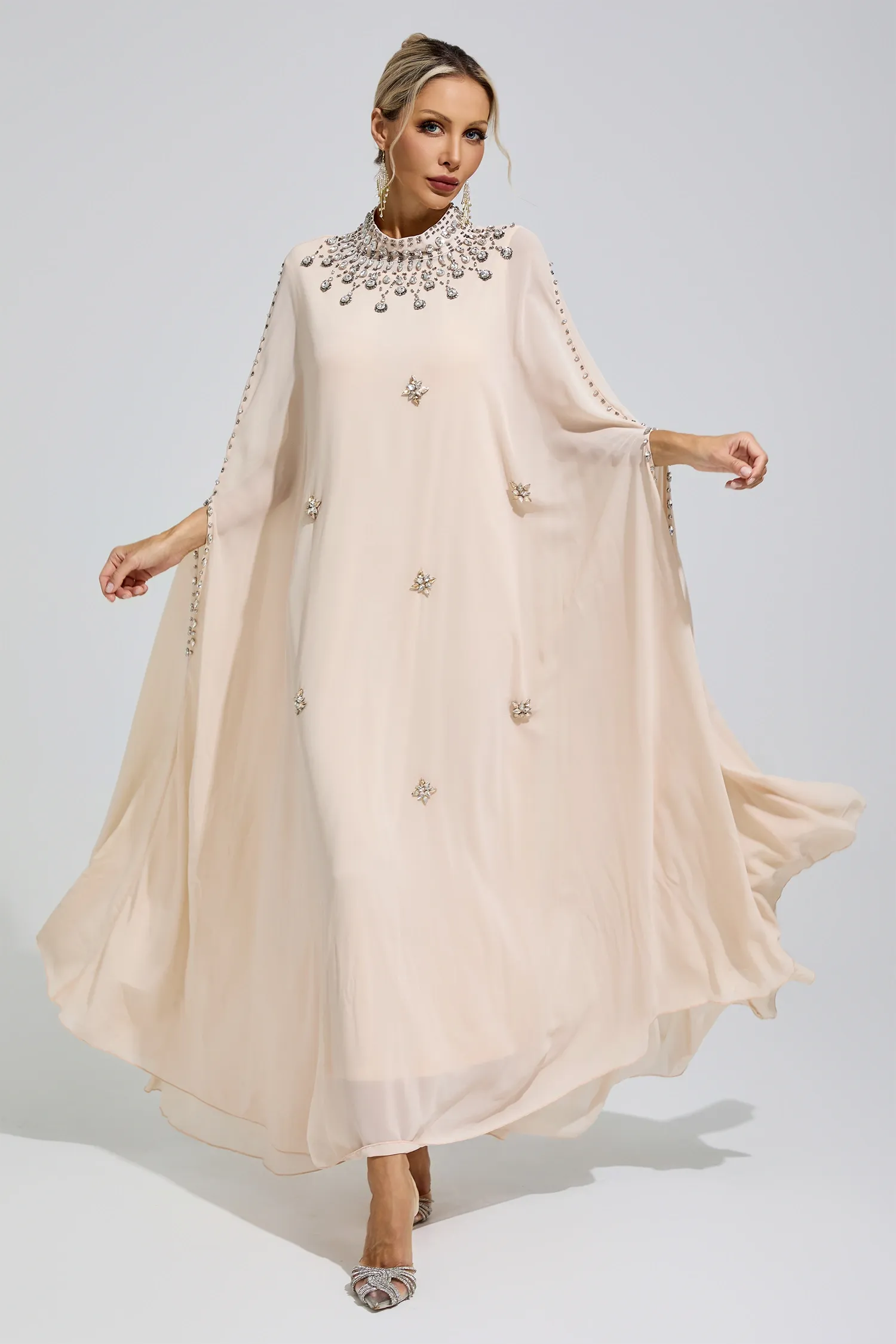 Sofia Apricot Rhinestone Hooded Maxi Dress