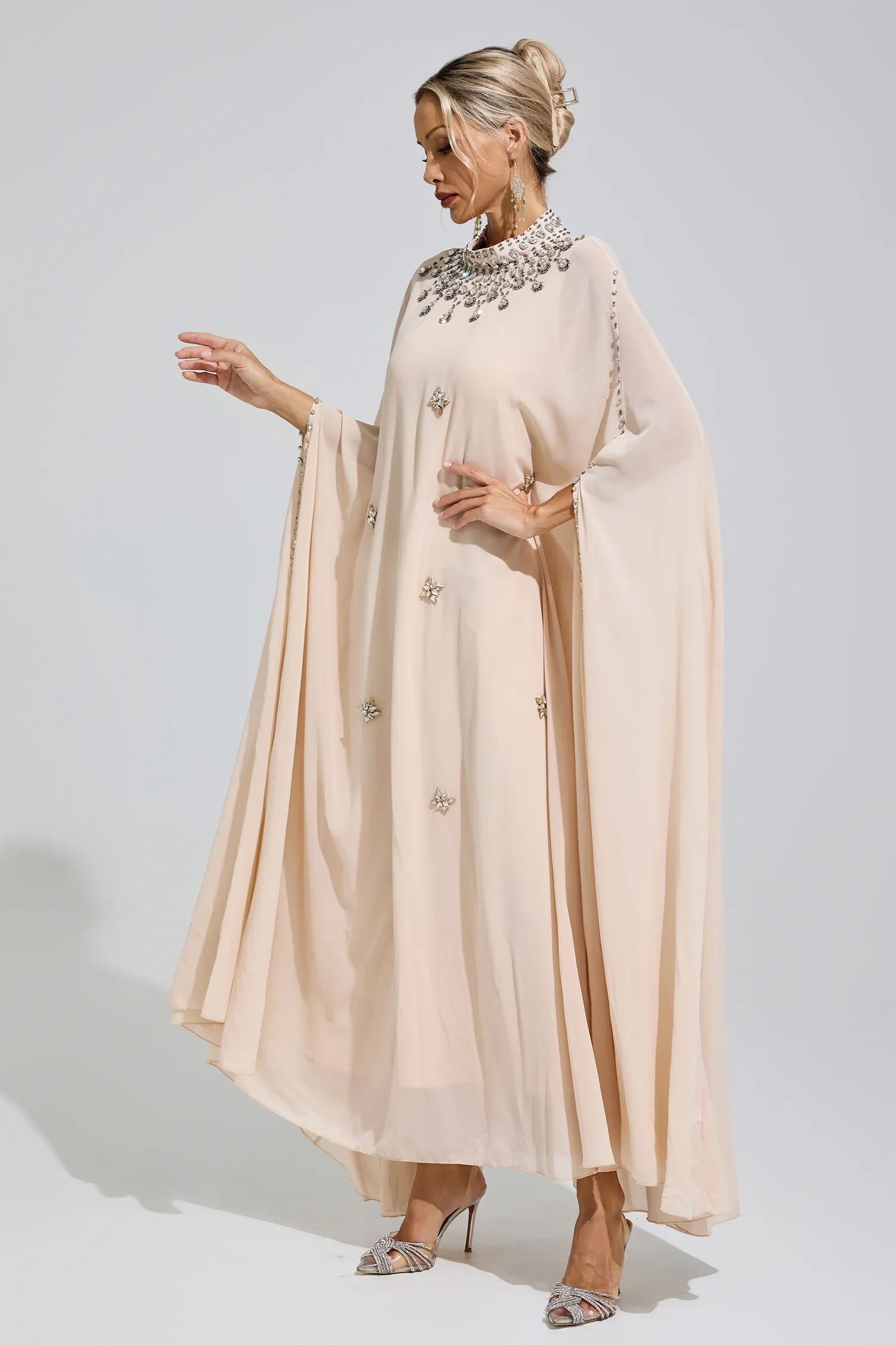 Sofia Apricot Rhinestone Hooded Maxi Dress