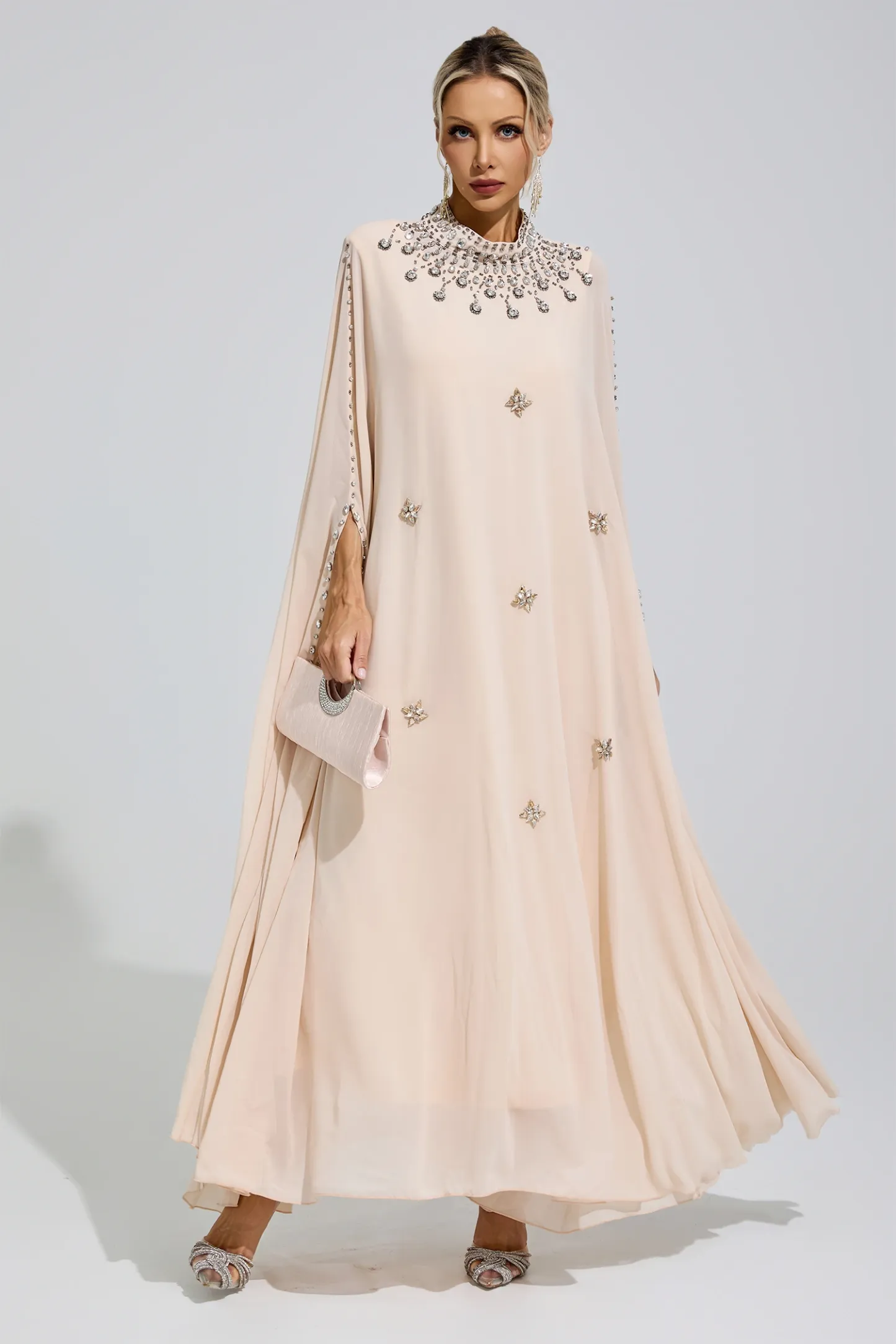 Sofia Apricot Rhinestone Hooded Maxi Dress