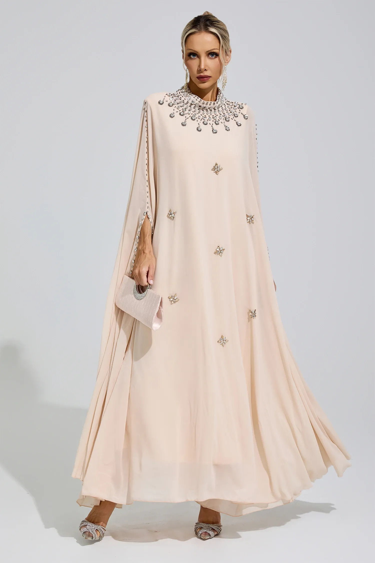 Sofia Apricot Rhinestone Hooded Maxi Dress