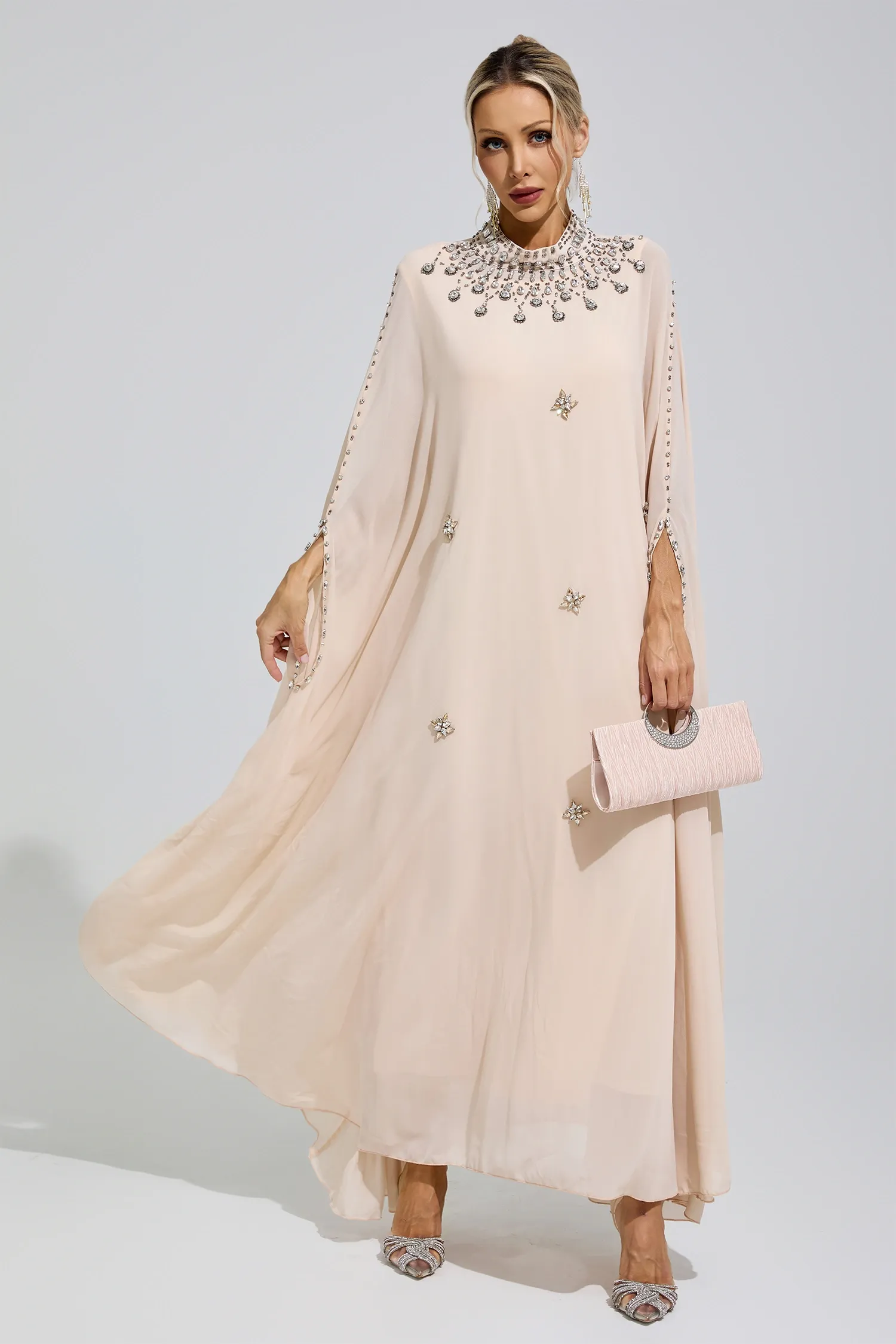 Sofia Apricot Rhinestone Hooded Maxi Dress