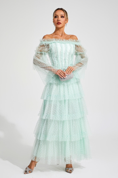 Joule Green Mesh Tiered Dress