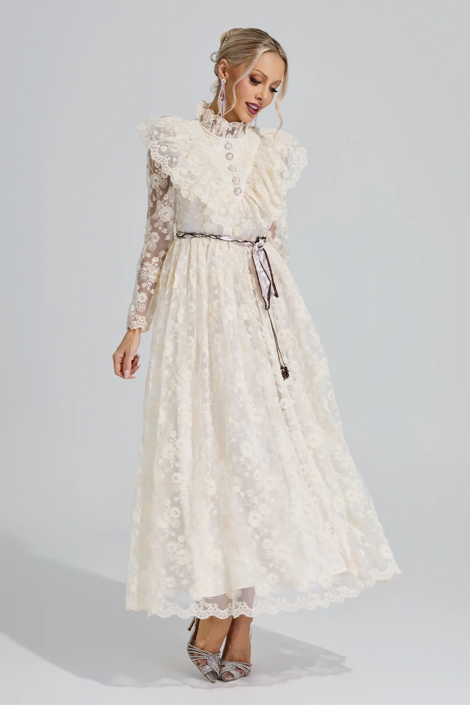 Rachel Apricot Stand Collar Lace Dress