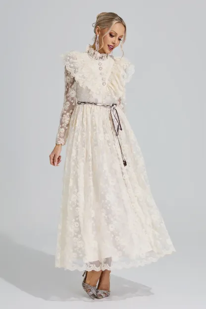 Rachel Apricot Stand Collar Lace Dress
