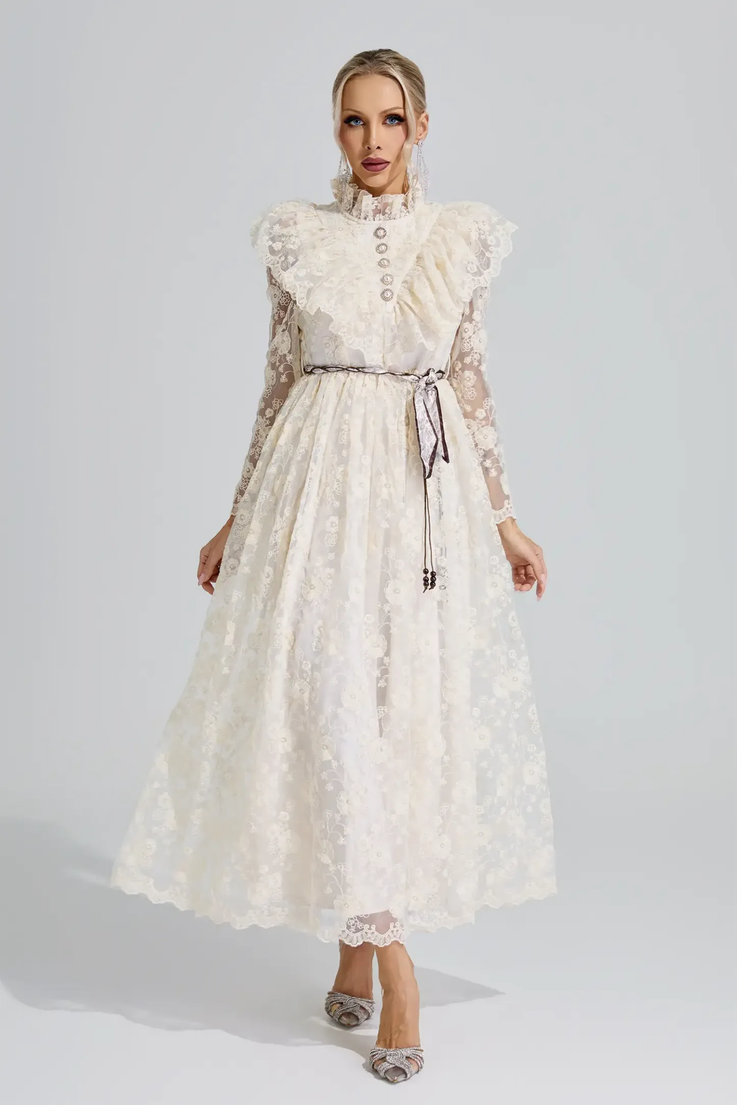 Rachel Apricot Stand Collar Lace Dress