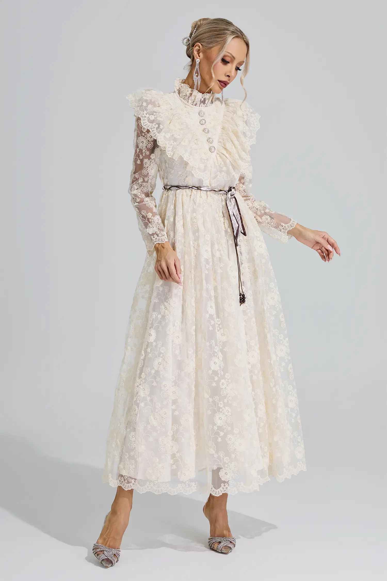 Rachel Apricot Stand Collar Lace Dress