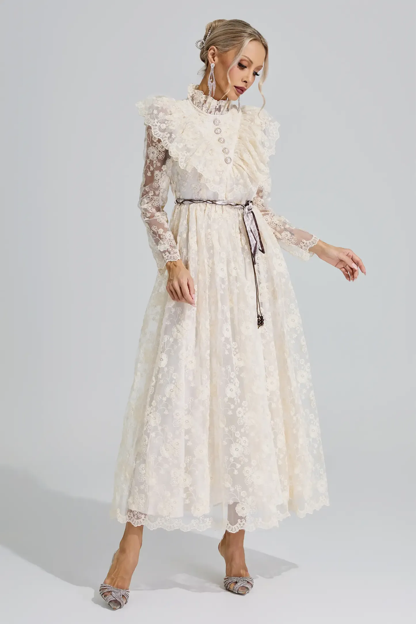 Rachel Apricot Stand Collar Lace Dress