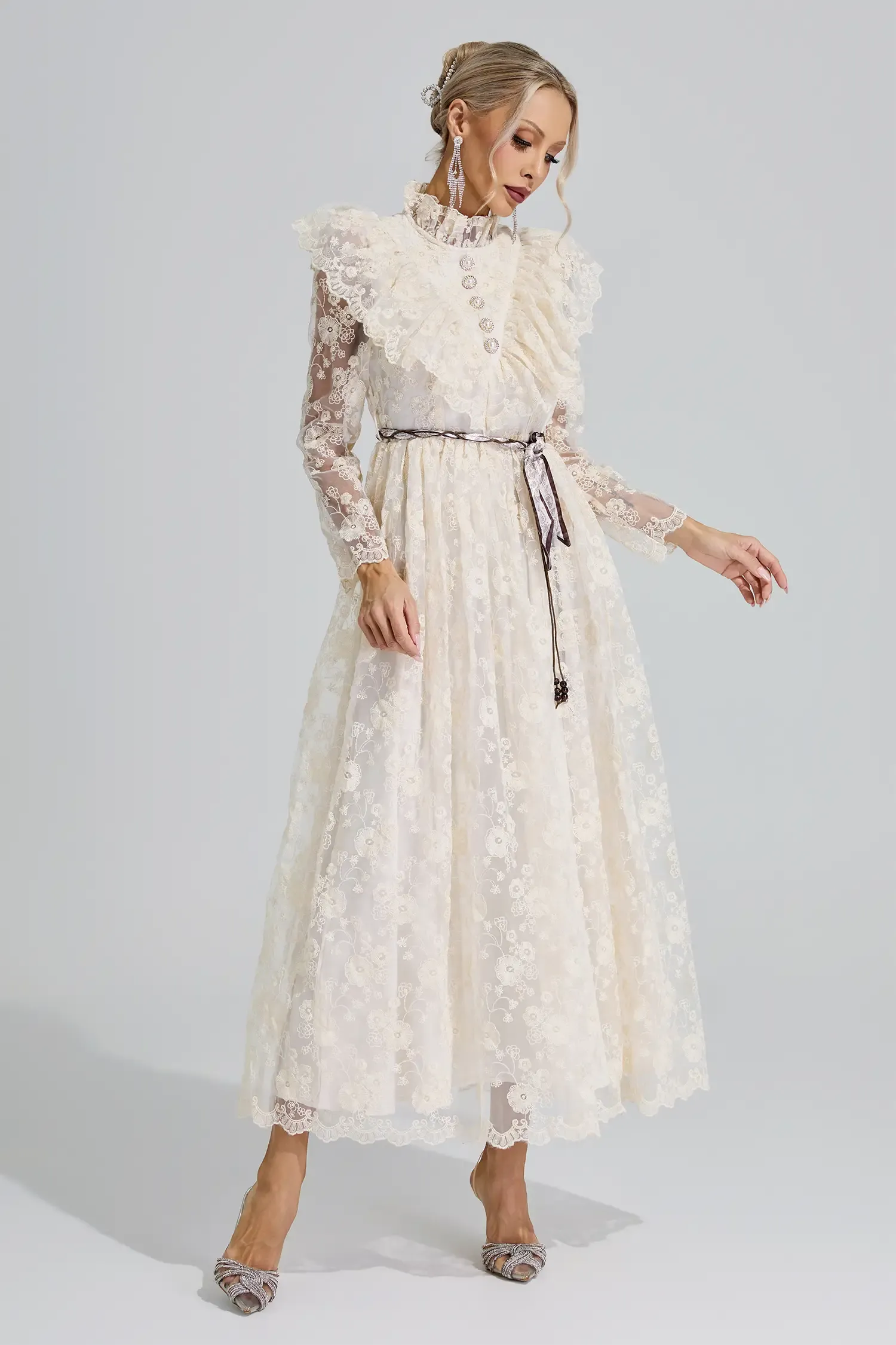 Rachel Apricot Stand Collar Lace Dress