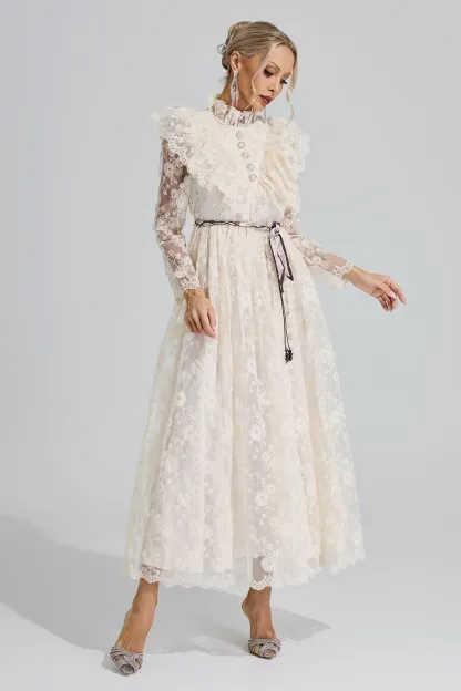 Rachel Apricot Stand Collar Lace Dress