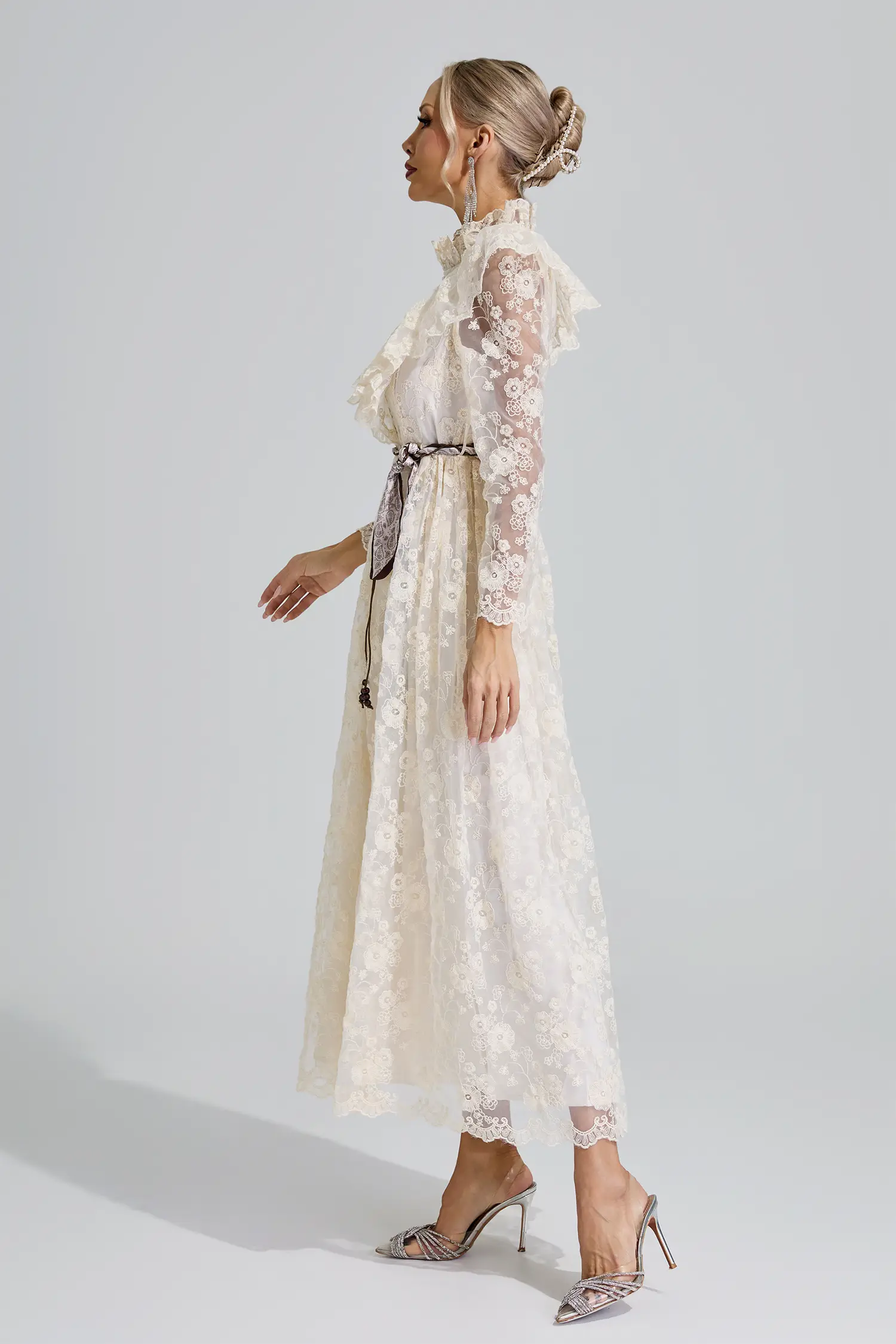 Rachel Apricot Stand Collar Lace Dress