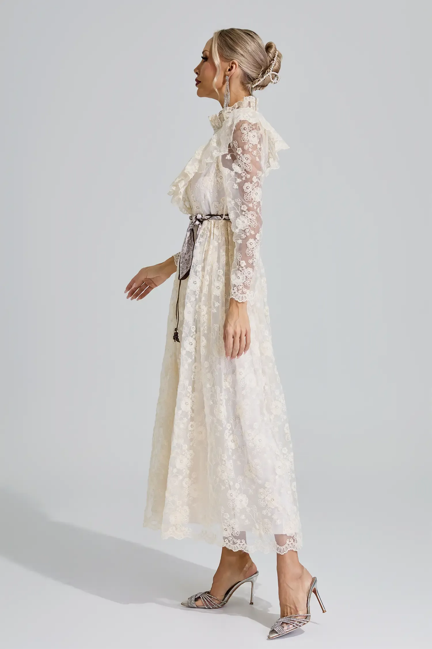 Rachel Apricot Stand Collar Lace Dress