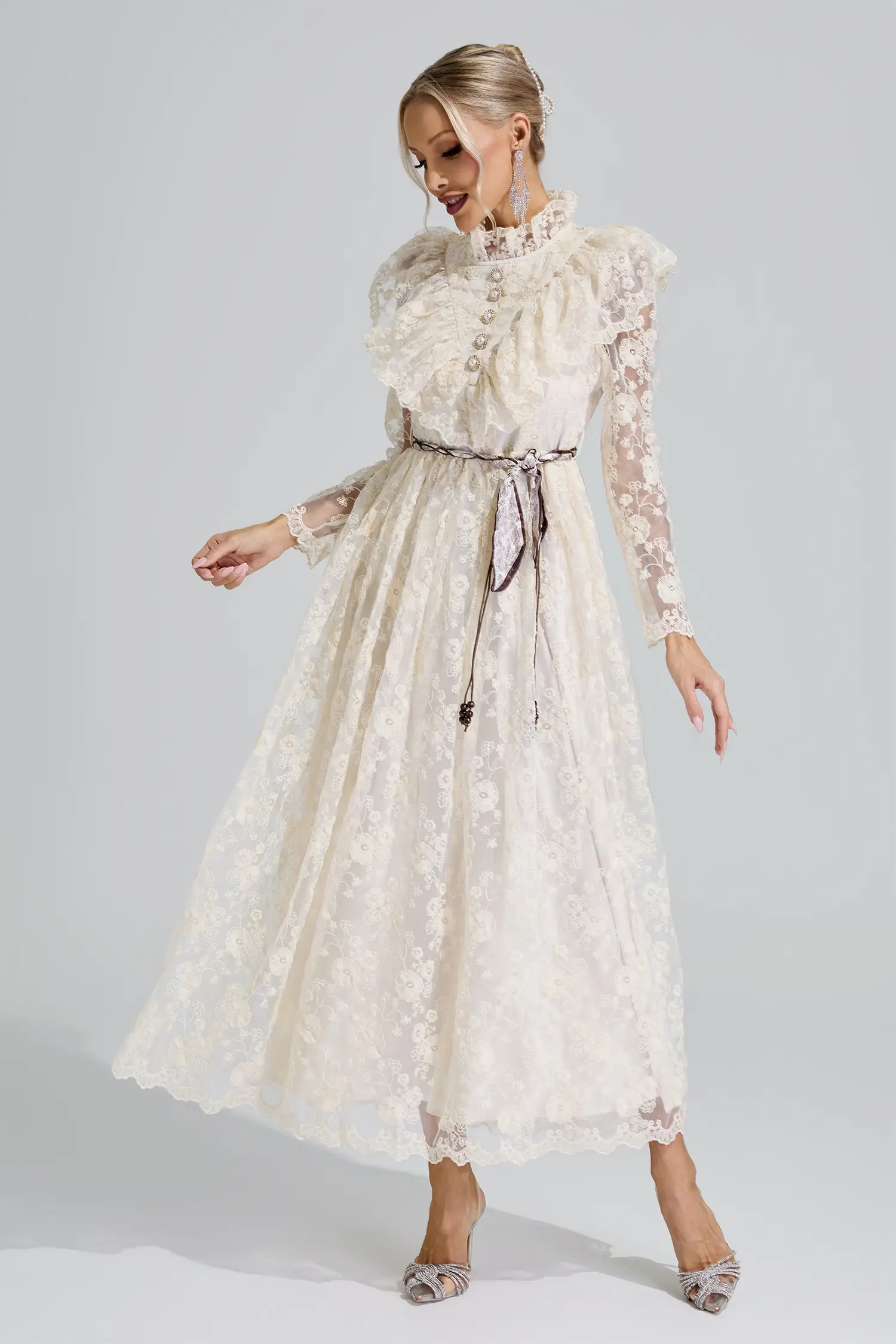 Rachel Apricot Stand Collar Lace Dress