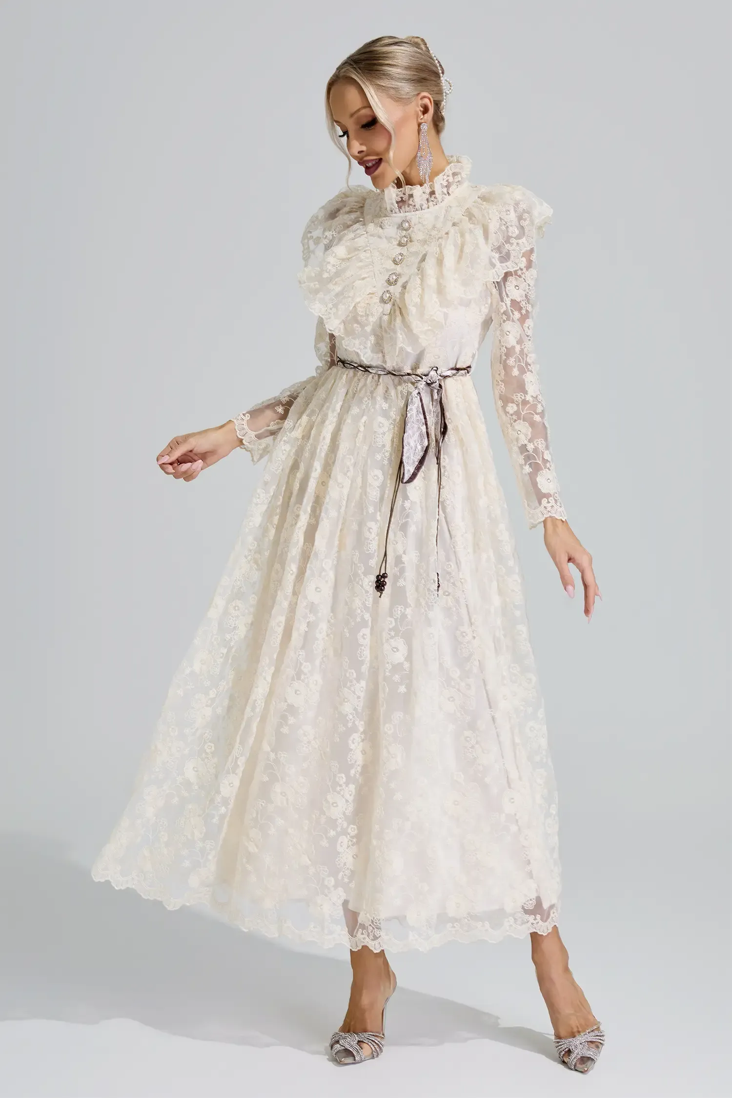 Rachel Apricot Stand Collar Lace Dress