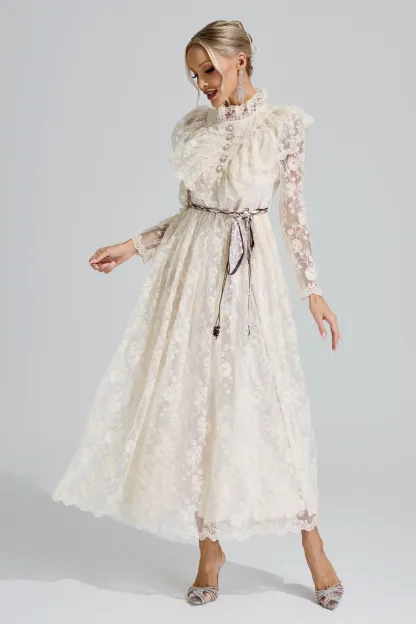Rachel Apricot Stand Collar Lace Dress