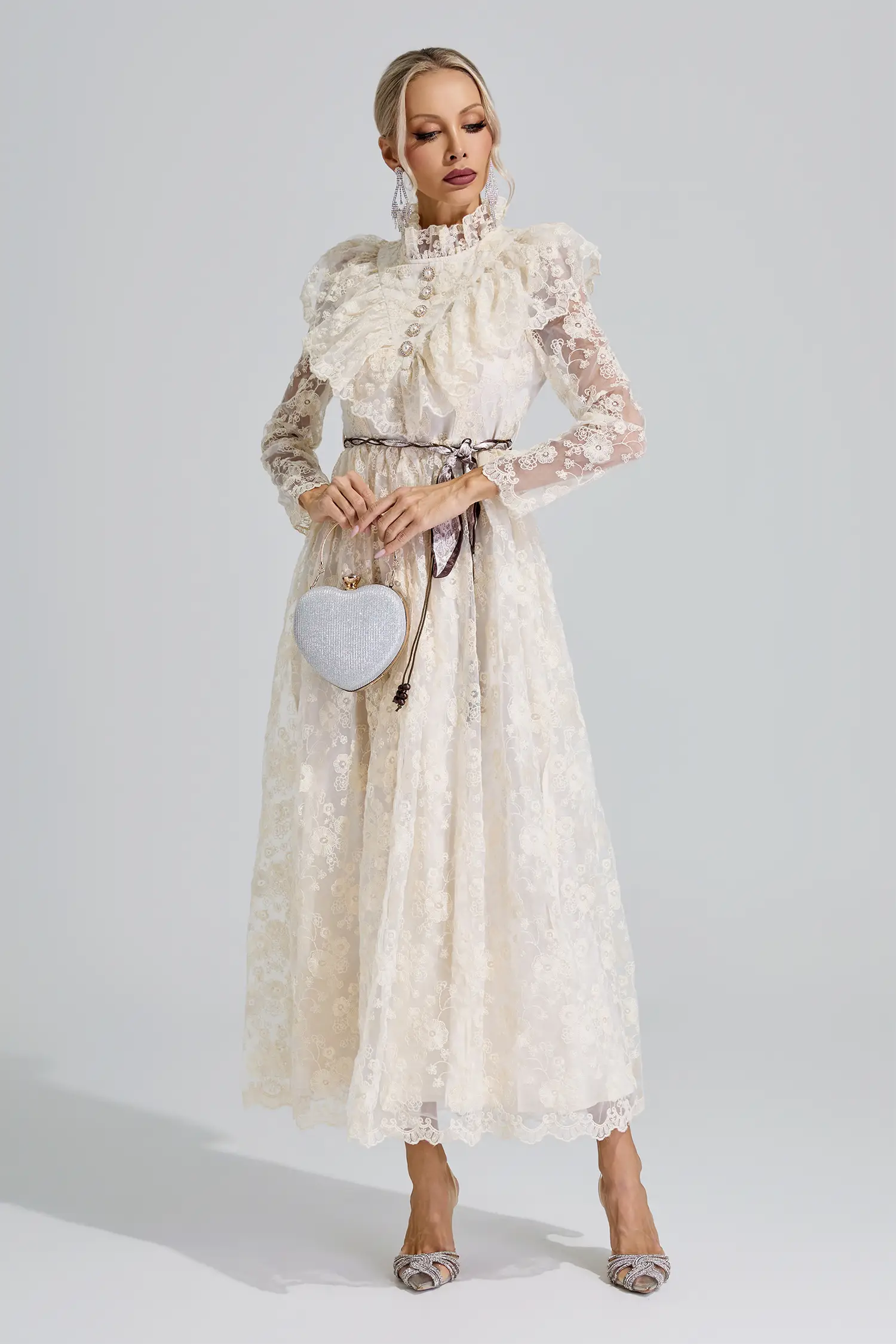 Rachel Apricot Stand Collar Lace Dress