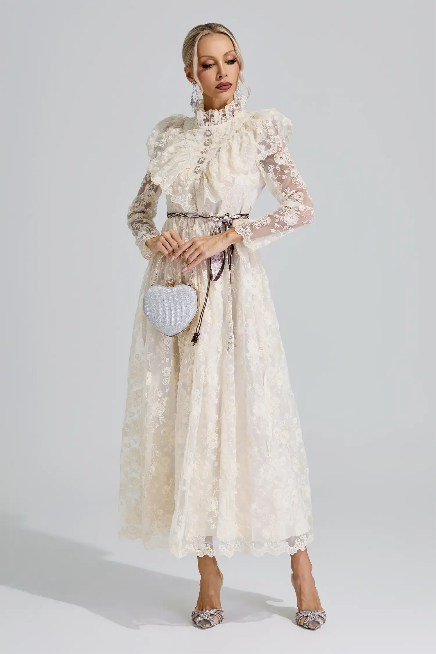 Rachel Apricot Stand Collar Lace Dress