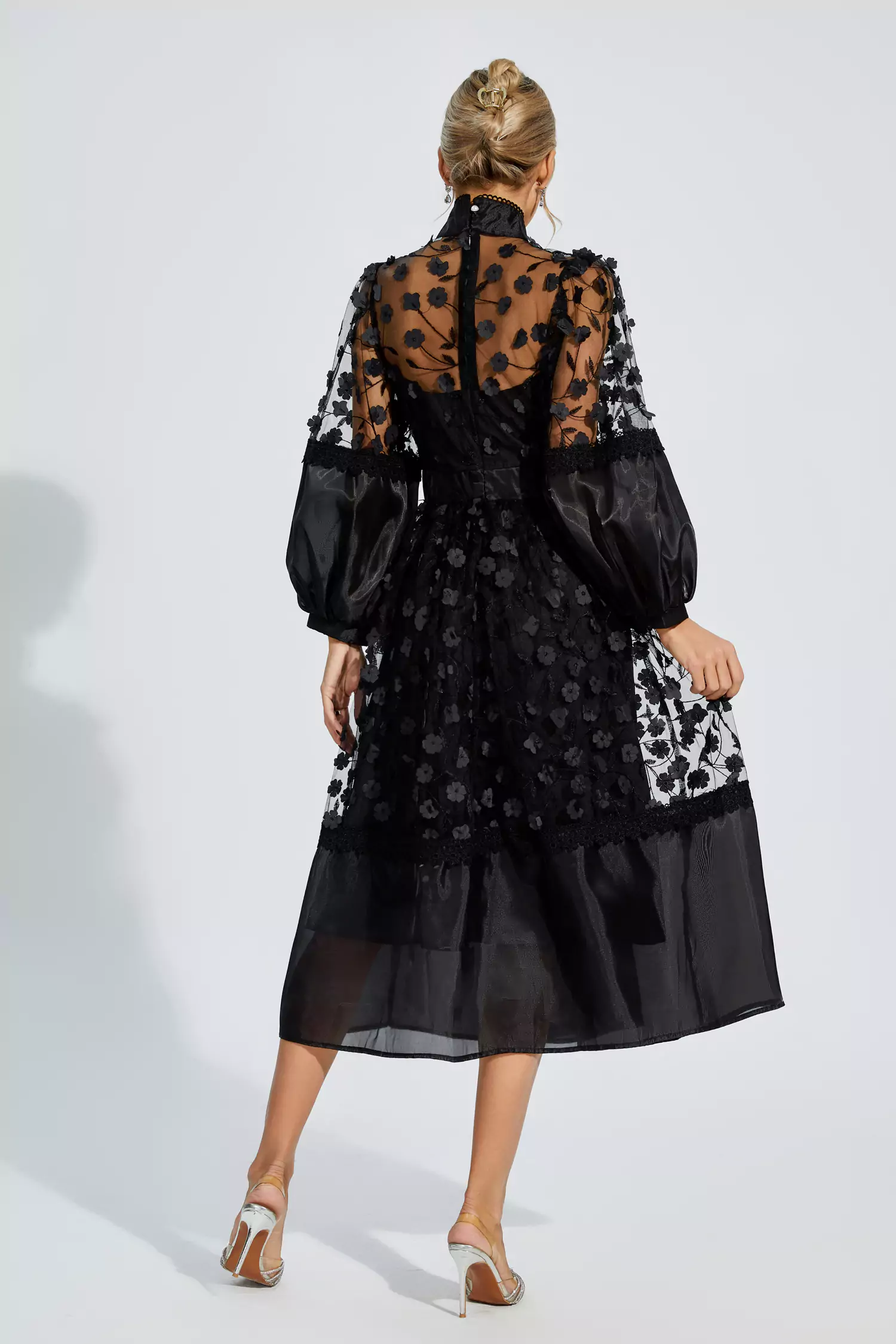 Janice Black Mesh Flower Midi Dress