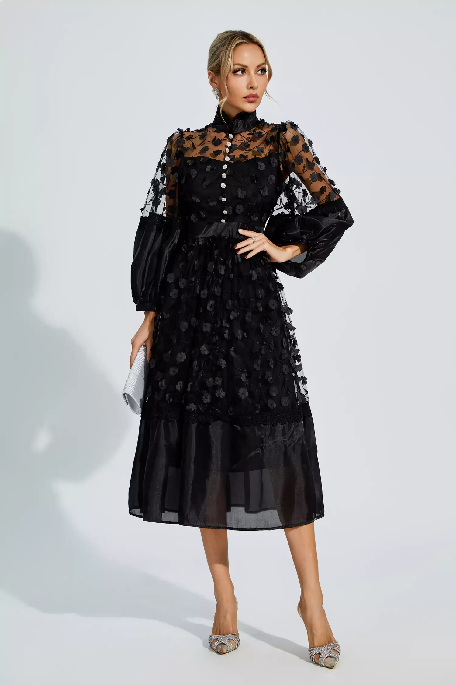 Janice Black Mesh Flower Midi Dress