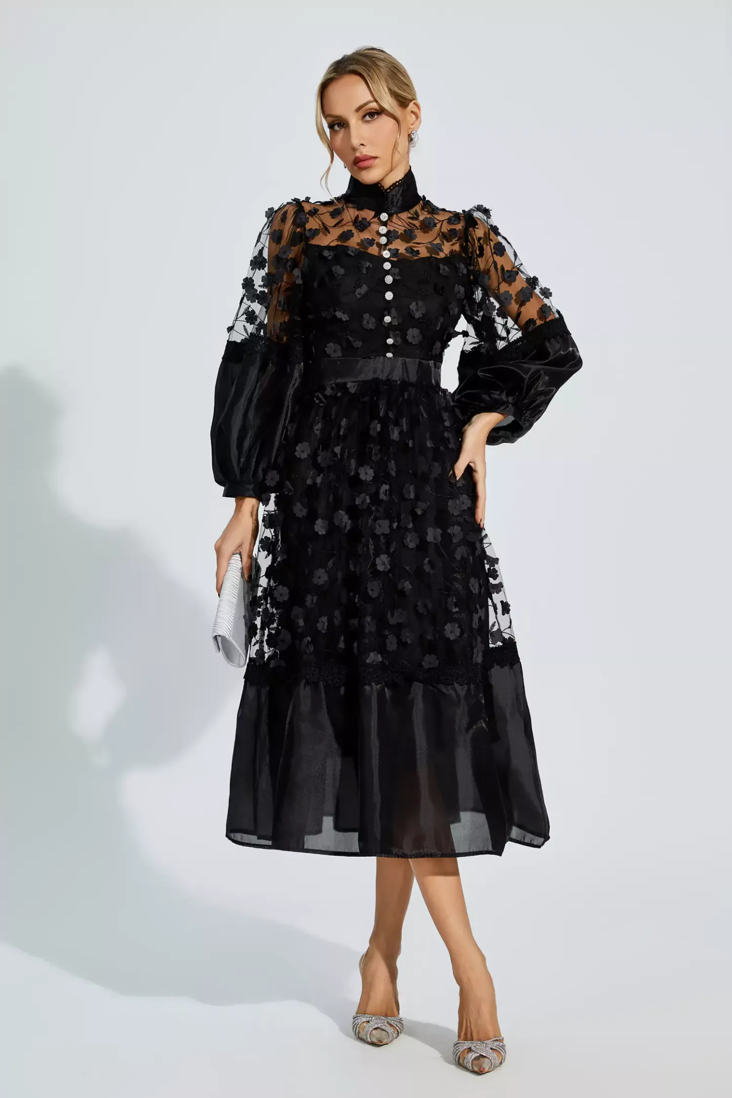 Janice Black Mesh Flower Midi Dress